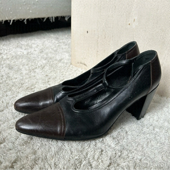 Vintage Robert Clergerie Black Brown Pointed Toe Ankle Strap Heels 10.5 - Picture 1 of 11